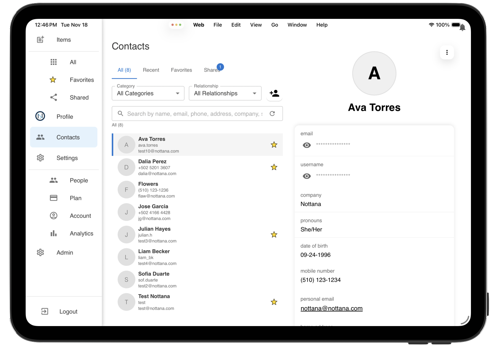 Nottana desktop contacts management interface showing organized contacts with categories and relationships