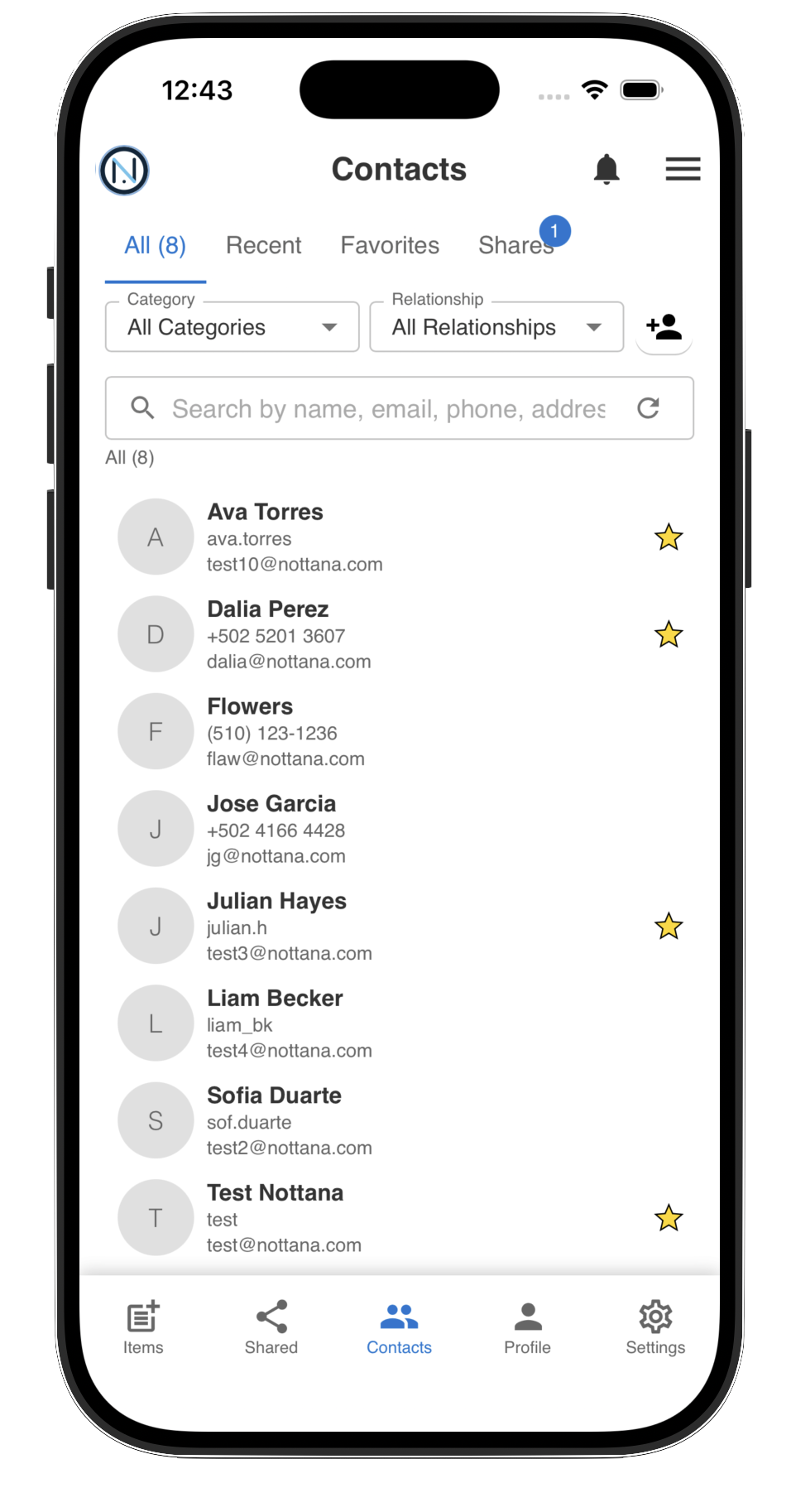Nottana mobile contacts management interface showing organized contacts with categories and relationships