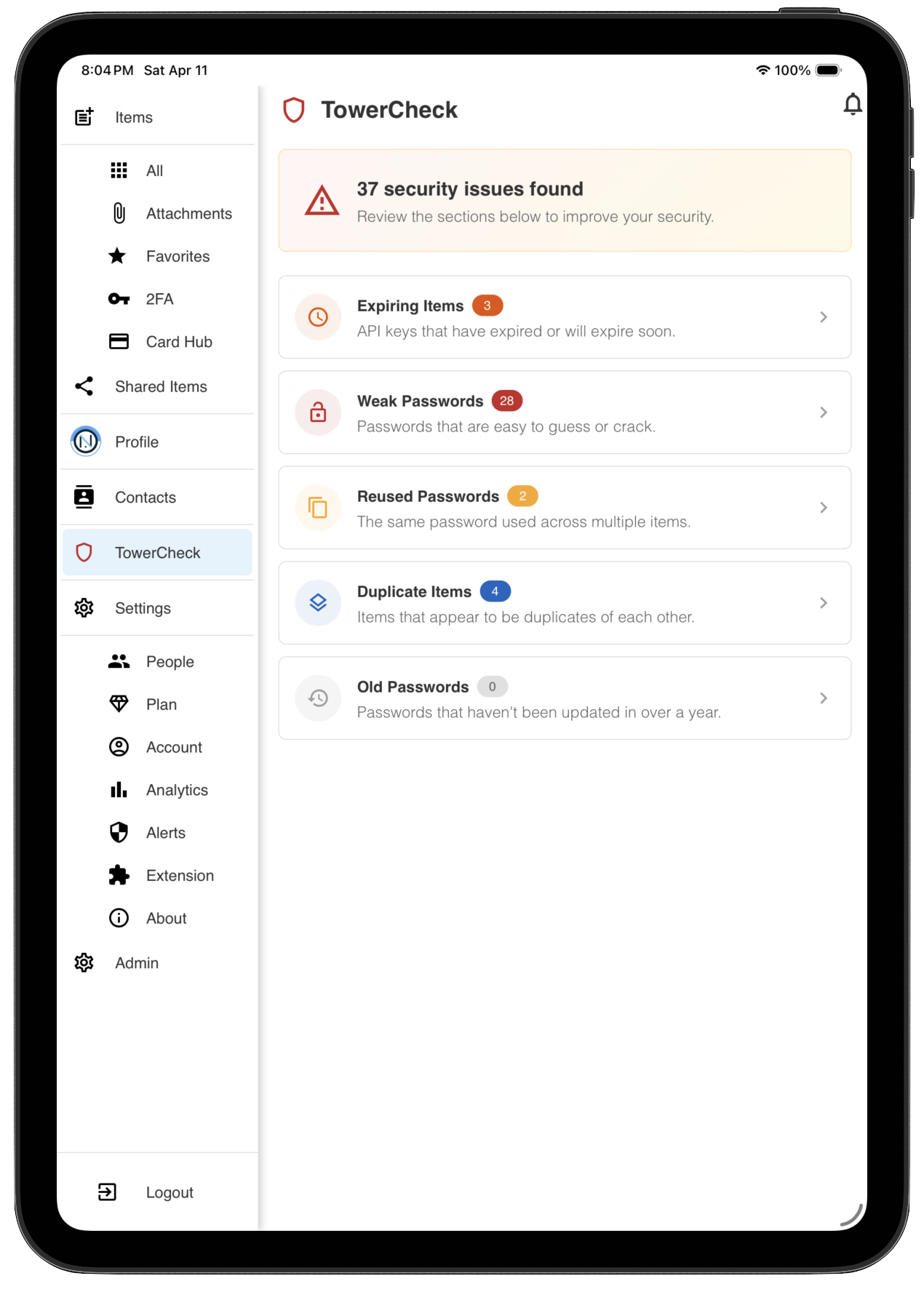Nottana TowerCheck security dashboard on desktop showing weak passwords, reused passwords, and security issues