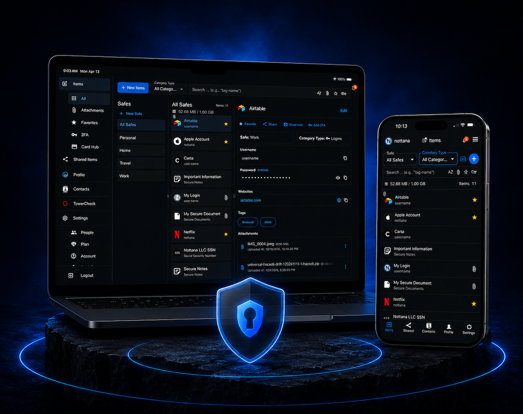 Nottana password manager — MacBook and iPhone showing the encrypted vault, sitting on a podium with a glowing security shield