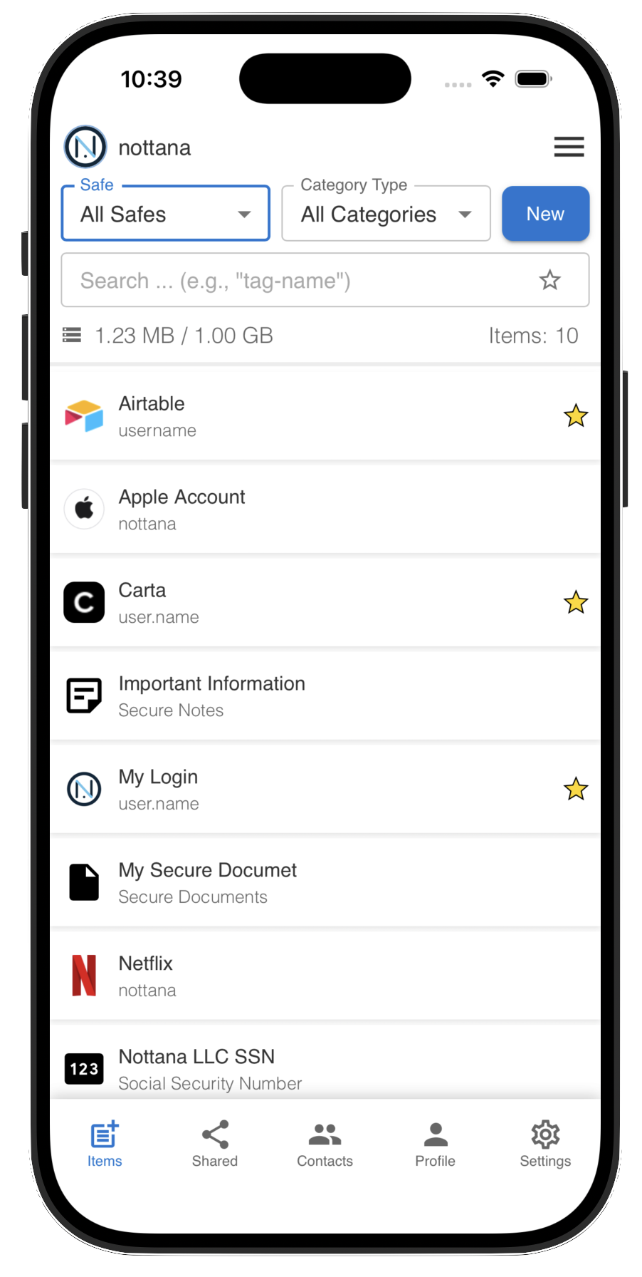 Nottana Mobile Application Interface - Secure Password Management