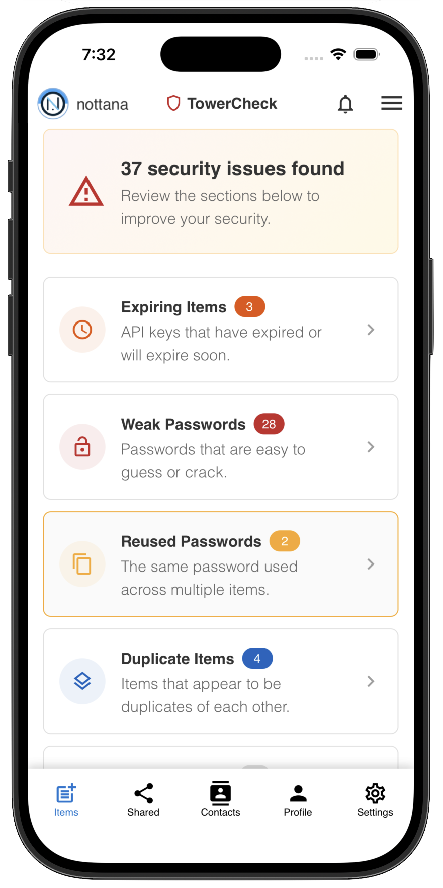 Nottana TowerCheck security dashboard on mobile showing vault health check and password issues